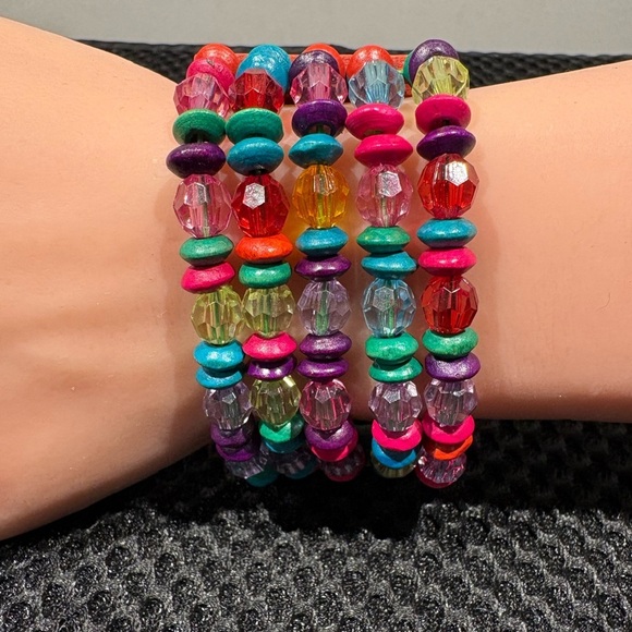 Colorful Boho Stretch Beaded Bracelet - Multicolor Acrylic & Wood Beads - Picture 3 of 8
